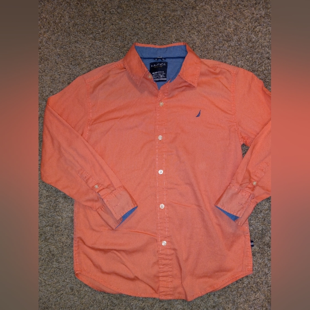 Nautica Boys Roll Sleeve Orange Button Up Shirt